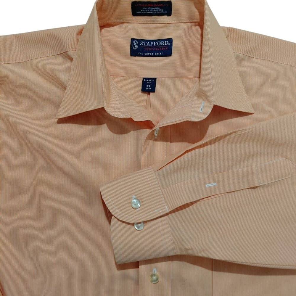 Stafford Performance Super Shirt Men 17 34-35 Classic Fit Peach Stripe Button Up